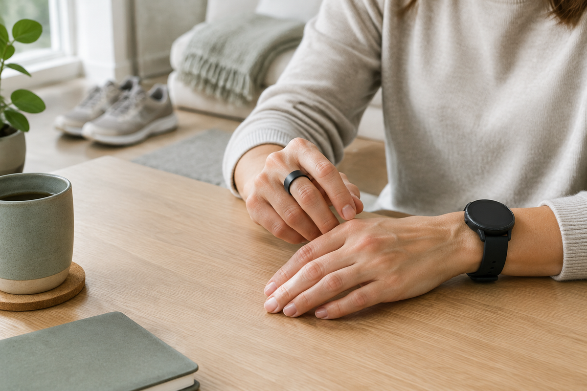 Close-up of a woman wearing a black smart ring and a smartwatch, with her hands resting on a wooden table in a bright home.