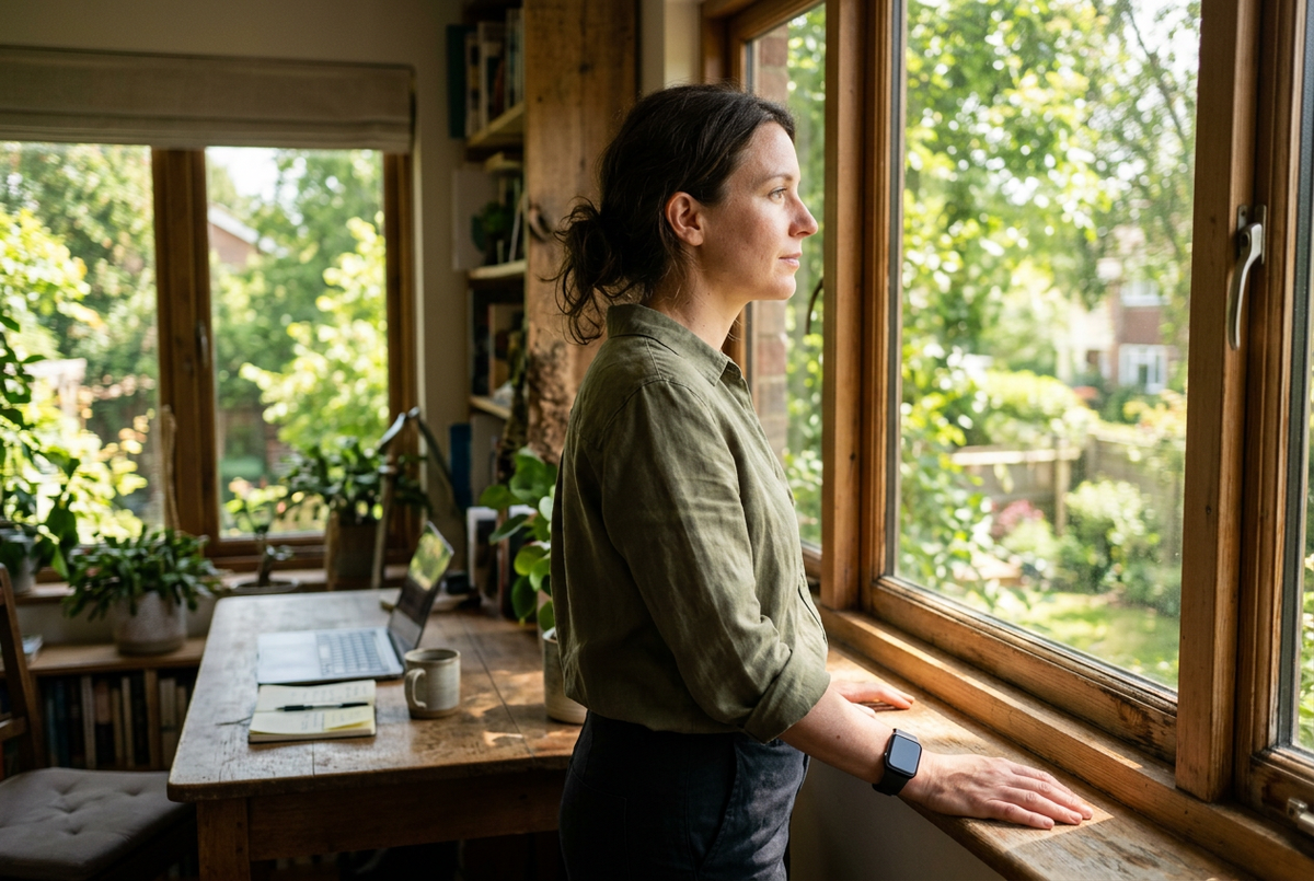 A woman wearing a smartwatch pauses by an open window, with a laptop and work notes blurred in the background.